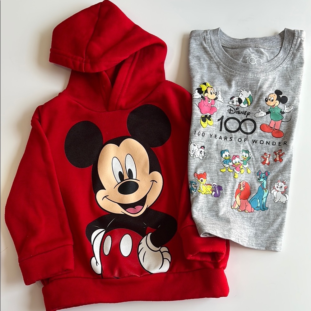 3T Disney Bundle Kids Mickey Mouse Red Hoodie & 100th Anniversary T-shirt Unisex